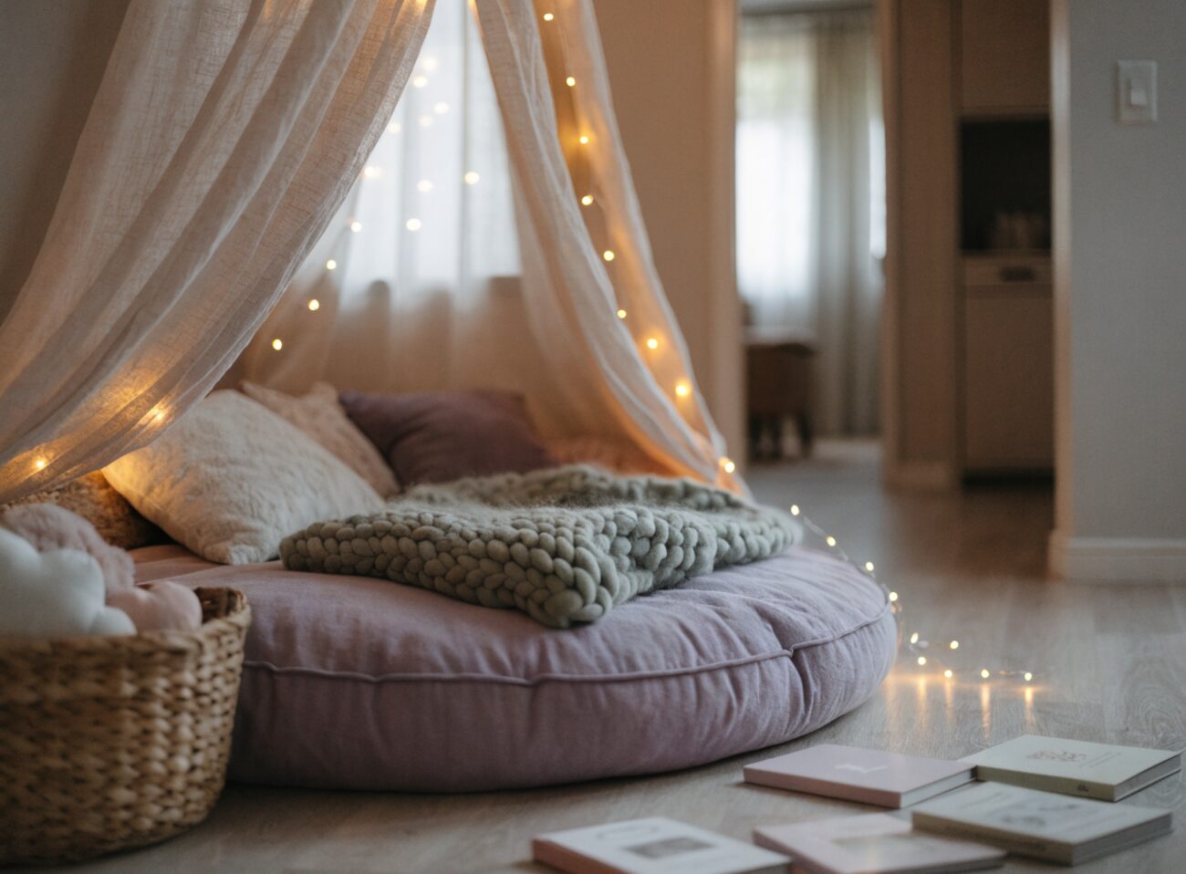 A cozy, softly lit sensory-friendly calm-down corner at home with cushions and a canopy nook